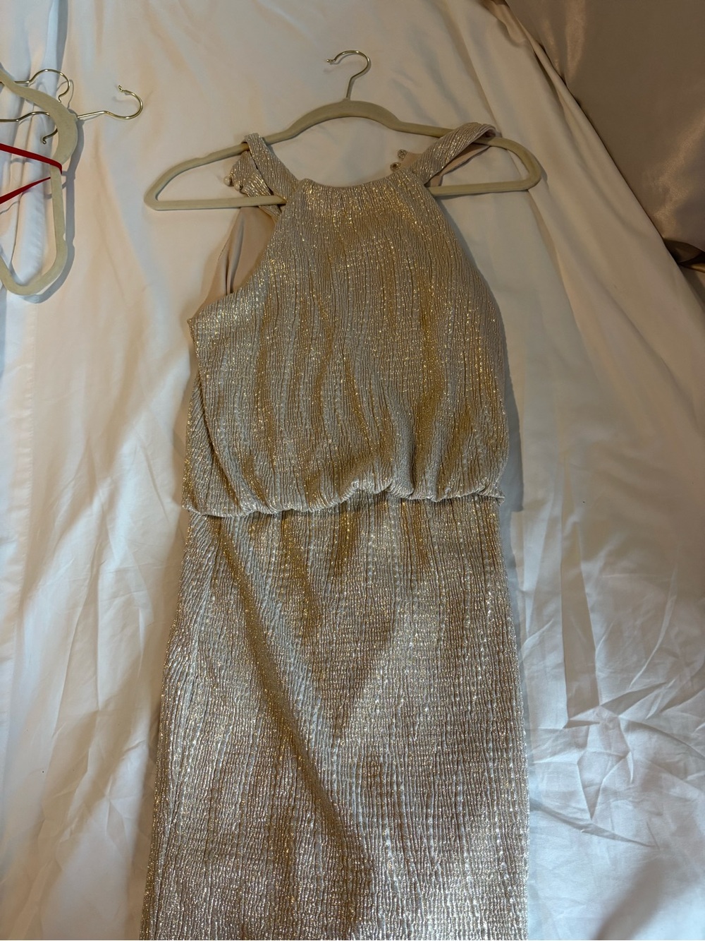 Shimmery Gold Metallic Halter Sheath Dress